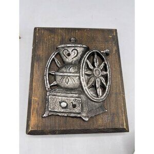 Vintage Metal Coffee Grinder Wall Decor Wood Plaque Rustic Farmhouse